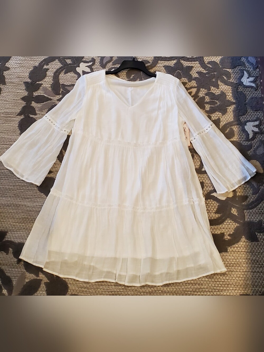 INDIGO ROSE~White Lightweight Tiered Midi Dress with Bell Sleeves